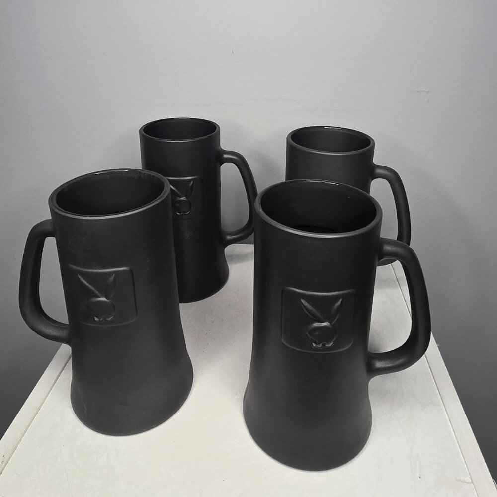 Playboy Embossed Bunny Logo Stein Tankard Matte Black Glass Lot of Four